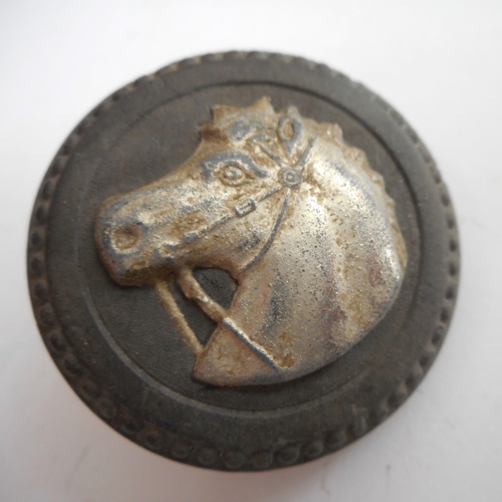 Antique Single Bridle Rosette Fancy Gutta Percha Black With Silver Horsehead.